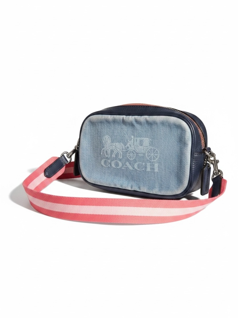 Coach Jes Convertible Belt Bag Denim & Pebble Leather Crossbody Navy Pink Stripe